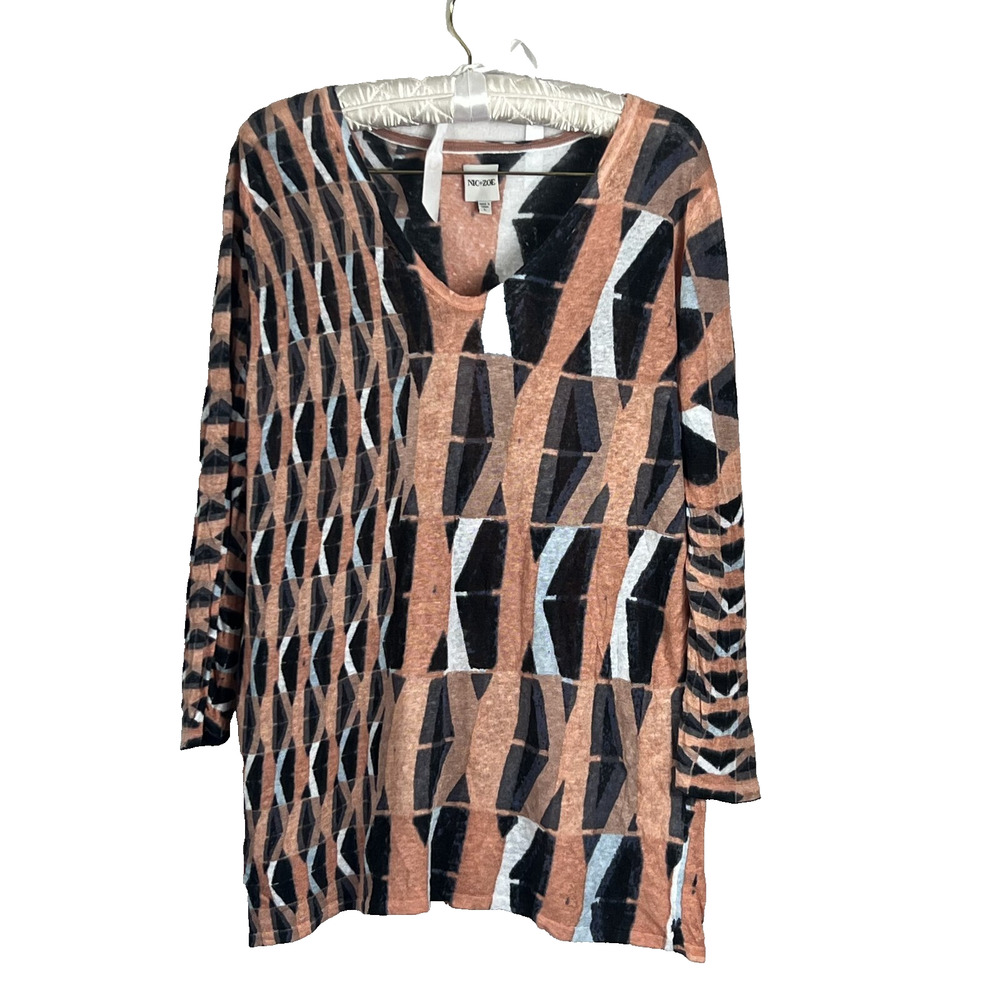 Nic+Zoe Women's Size Large Orange/Black/White Geometric Design Longsleeve Shirt